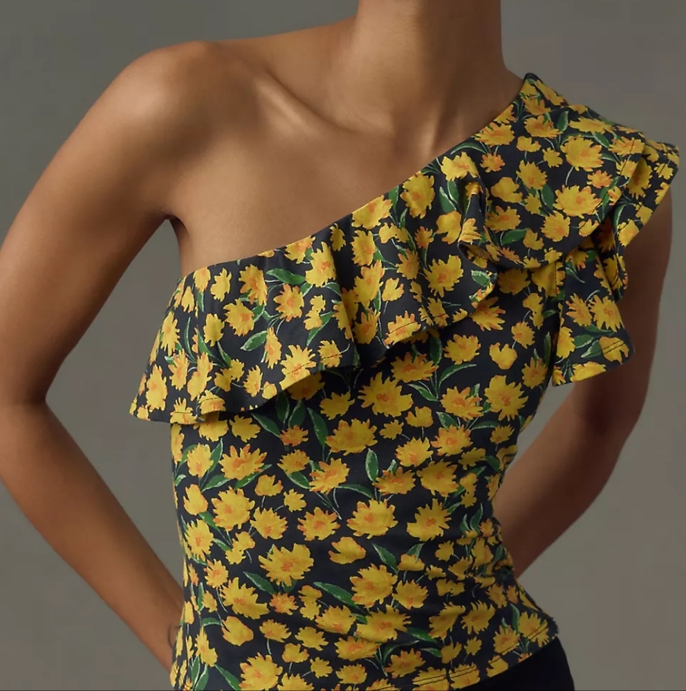 Anthropologie floral one shoulder ruffle top, small, blue/ yellow